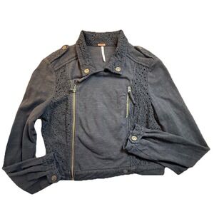 Free‎ People Black Crochet Lace Jacket Sz S Brass Buttons Zip Romance Moto Boho